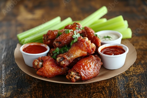 Scrumptious fried chicken wings, glistening with savory glaze, served with celery sticks and two delectable dipping sauces. A perfect game-day snack! photo