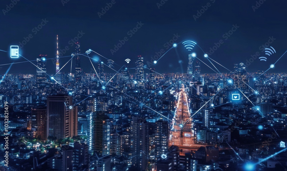 Obraz premium The modern creative communication and internet network connect in smart city . Concept of 5G wireless digital connection and internet of things future