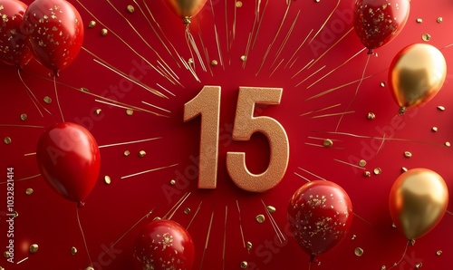 the cover of a birthday card with the number 15 in the center. The card must have red as the predominant color with gold details.
