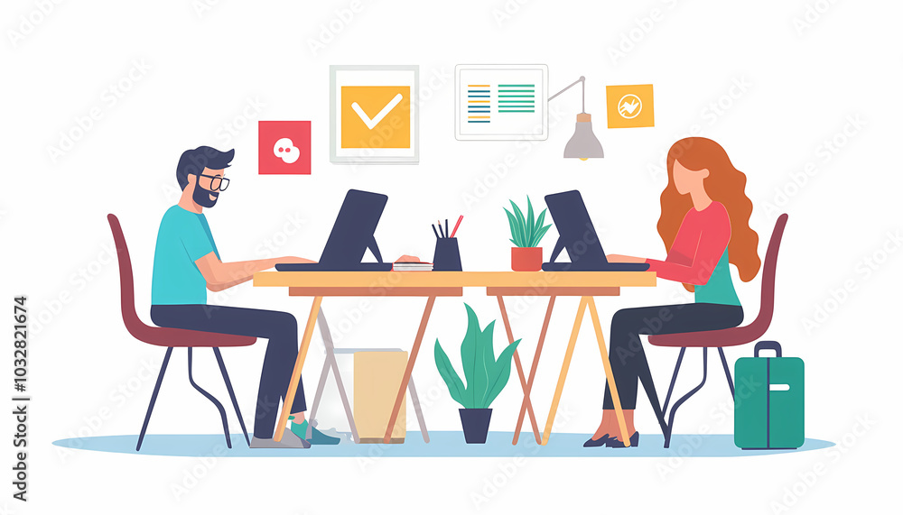 Two vector illustrations of two people working at their desks, one sitting and the other standing on white background. The man is using his laptop while looking for ideas in digital marketing Two vector illustrations of two people working at their desks, one sitting and the other standing on white background. The man is using his laptop while looking for ideas in digital marketing