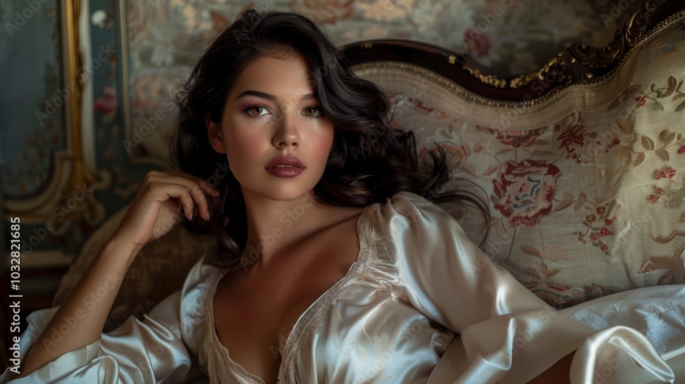 Fototapeta premium Woman in silk robe lounging on vintage floral couch.