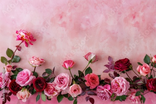 A beautiful background design featuring pink and red rose flowers arranged on a pink table, perfect