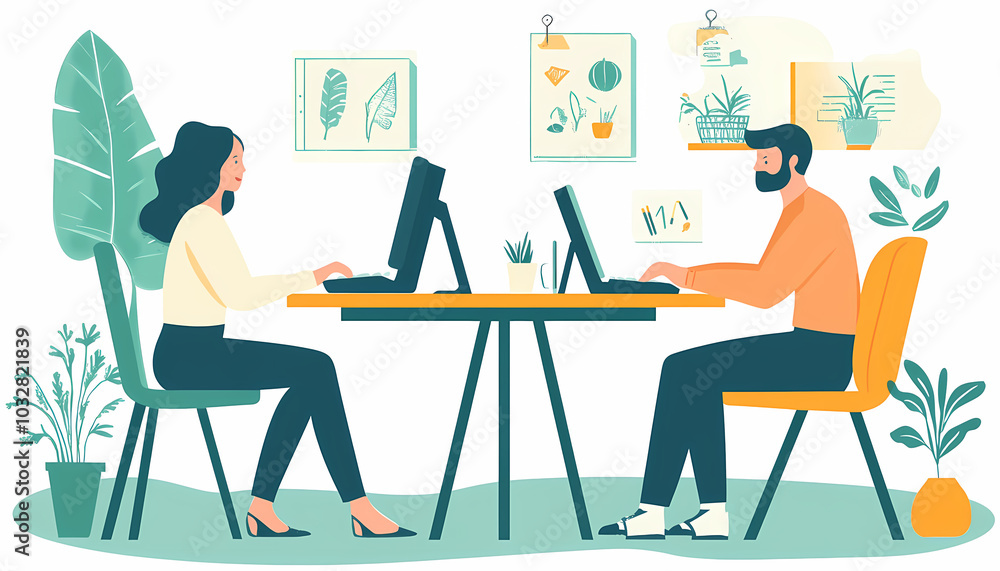 Two vector illustrations of two people working at their desks, one sitting and the other standing on white background. The man is using his laptop while looking for ideas in digital marketing Two vector illustrations of two people working at their desks, one sitting and the other standing on white background. The man is using his laptop while looking for ideas in digital marketing