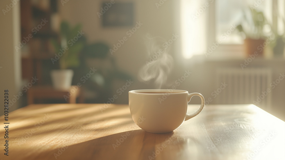 Steaming Coffee Cup in Sunlit Room on Wooden Table Steaming Coffee Cup in Sunlit Room on Wooden Table