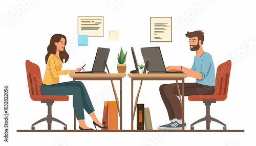 Two vector illustrations of two people working at their desks, one sitting and the other standing on white background. The man is using his laptop while looking for ideas in digital marketing 