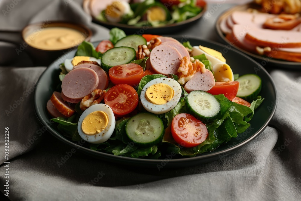 A delightful chef salad brimming with mixed greens, sliced cucumbers, juicy tomatoes, hard-boiled eggs, and savory sausage! A delightful chef salad brimming with mixed greens, sliced cucumbers, juicy tomatoes, hard-boiled eggs, and savory sausage!
