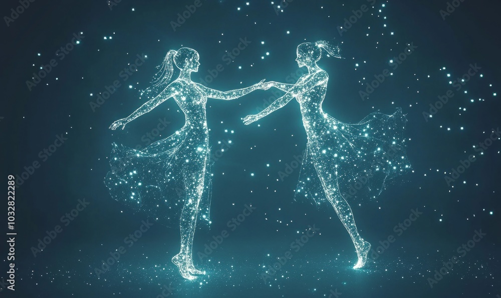 Two celestial figures merge in a mesmerizing dance, their outlines sparkling with stars, embodying a moment of pure connection Two celestial figures merge in a mesmerizing dance, their outlines sparkling with stars, embodying a moment of pure connection
