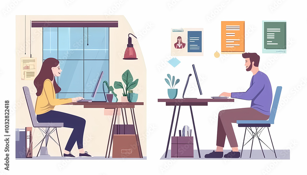 Two vector illustrations of two people working at their desks, one sitting and the other standing on white background. The man is using his laptop while looking for ideas in digital marketing Two vector illustrations of two people working at their desks, one sitting and the other standing on white background. The man is using his laptop while looking for ideas in digital marketing