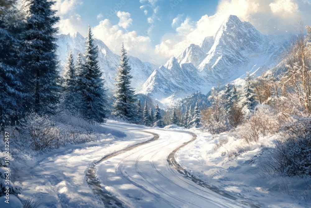 Winding Road Through a Snowy Mountain Pass Winding Road Through a Snowy Mountain Pass