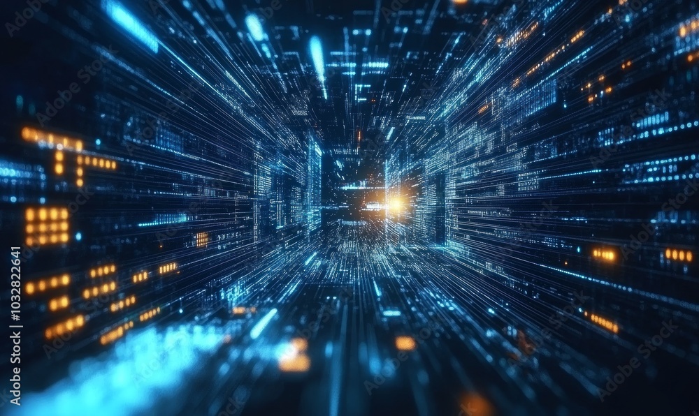 Fototapeta premium Virtual Data Center. Digital streams and future technology. Deep machine learning 3D illustration. Flight in quantum cyberspace