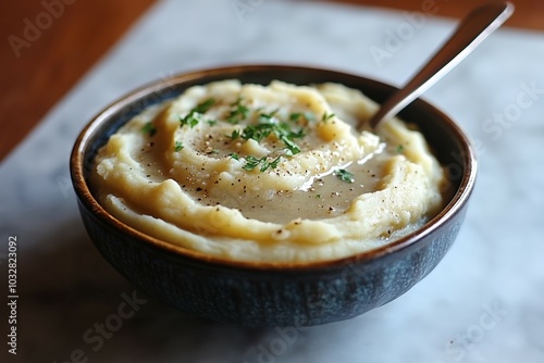 Creamy mashed potatoes, perfectly seasoned with herbs and a rich gravy, served in a rustic bowl. Comfort food at its finest! photo