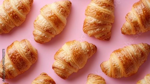 Morning Light Illuminating Freshly Baked Croissants on Minimalist Pink Background with Playful Shadows - Isometric View