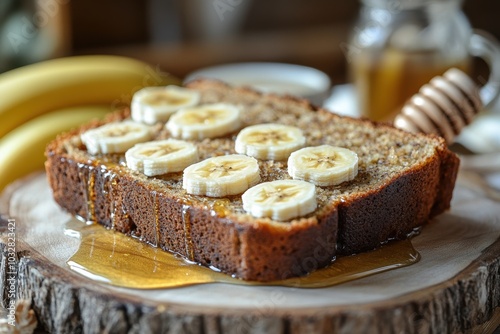 gluten-free baking, gluten-free banana bread slices, honey drizzled, displayed on a rustic wooden surface, in a cozy breakfast nook ambiance photo