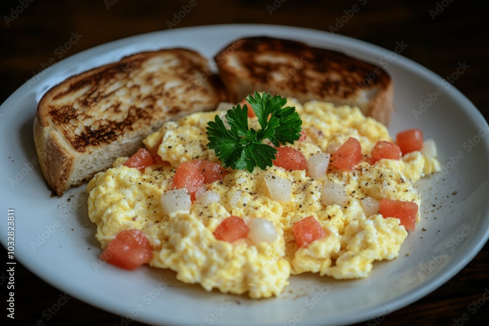 Fluffy scrambled eggs with diced tomatoes and onions, served with perfectly toasted bread. A delightful breakfast! Fluffy scrambled eggs with diced tomatoes and onions, served with perfectly toasted bread. A delightful breakfast!