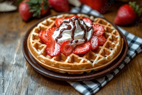 Indulge in this delectable Belgian waffle, adorned with fresh strawberries, creamy whipped topping, and a rich chocolate drizzle. A delightful breakfast or dessert! photo