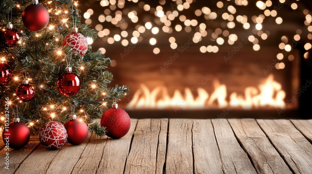 A beautifully decorated Christmas tree stands on a wooden floor, adorned with red ornaments, while a warm fireplace flickers softly in the background, creating a cozy atmosphere A beautifully decorated Christmas tree stands on a wooden floor, adorned with red ornaments, while a warm fireplace flickers softly in the background, creating a cozy atmosphere
