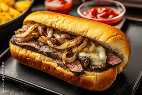 Savory Philly Cheesesteak: Grilled steak, caramelized onions, melted cheese in a toasted roll. A culinary masterpiece! photo