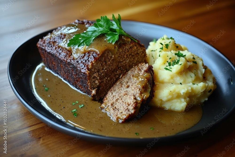 Comfort food at its finest! Juicy meatloaf, creamy mashed potatoes, and rich gravy. A delicious meal! Comfort food at its finest! Juicy meatloaf, creamy mashed potatoes, and rich gravy. A delicious meal!