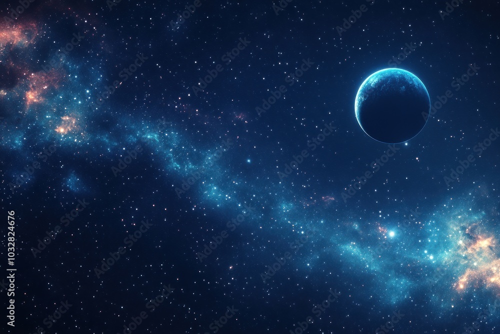 A lone planet against a backdrop of a starry night sky with a galaxy A lone planet against a backdrop of a starry night sky with a galaxy