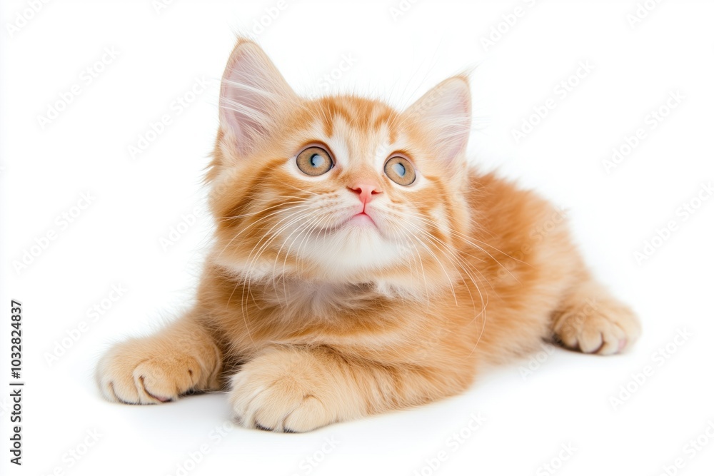 A cute orange kitten isolated on a white background, looking up with curious eyes. A cute orange kitten isolated on a white background, looking up with curious eyes.