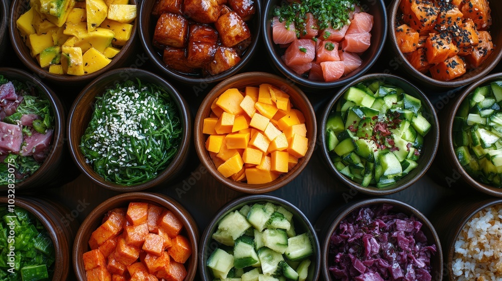 Fresh and Colorful Poke Bowls Arranged in Circular Formation, Top-Down Perspective with Elegant Curves for Food Styling Concept Fresh and Colorful Poke Bowls Arranged in Circular Formation, Top-Down Perspective with Elegant Curves for Food Styling Concept