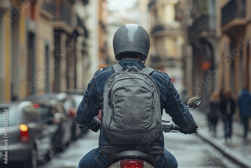 A motorcyclist wearing a helmet and backpack rides through a city street