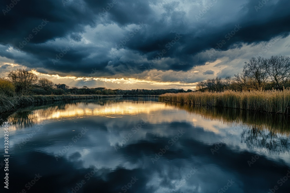 Obraz premium A Calm River Reflecting Dramatic Storm Clouds and Sunbeams at Sunset