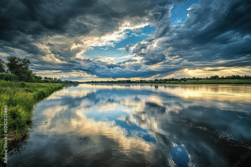 Obraz premium Cloudy Sky Reflected in a Calm River