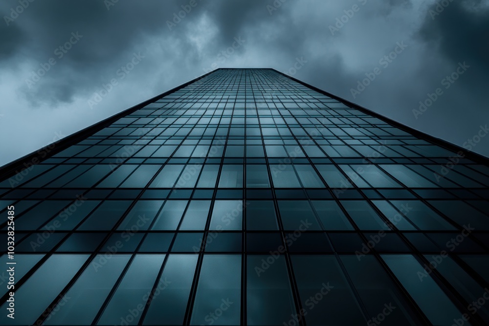 A Low Angle View of a Tall Glass Skyscraper Against a Cloudy Sky A Low Angle View of a Tall Glass Skyscraper Against a Cloudy Sky