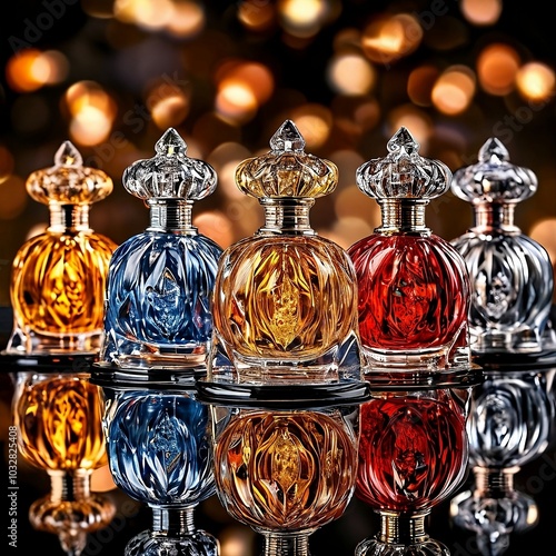 A collection of five ornate glass perfume bottles in various colors, displayed against a blurred bokeh background, with reflections on a glossy surface.