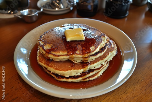 Golden Stack of Buttery Pancakes, drenched in sweet maple syrup. A delightful breakfast treat, ready to be devoured!