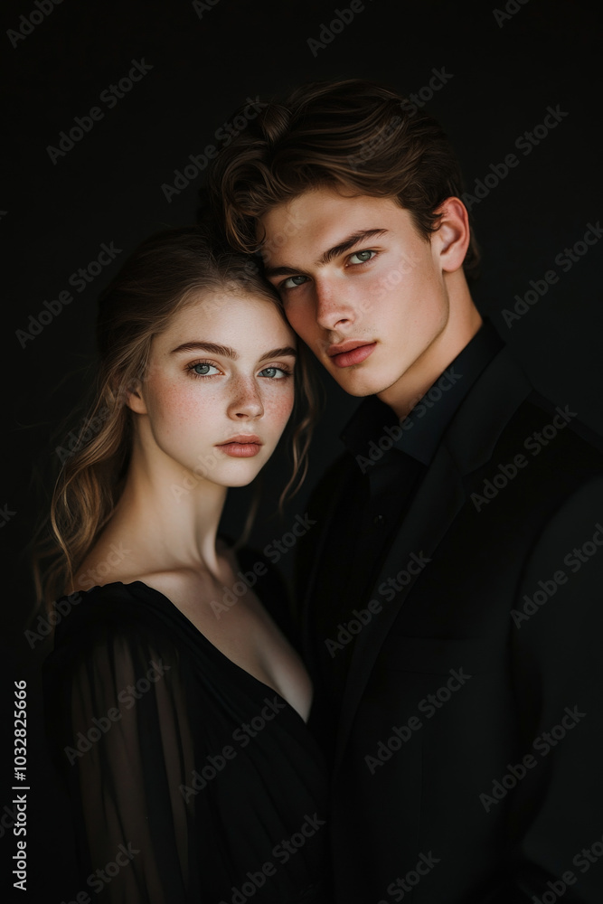 A young Caucasian couple stands intimately in stylish black attire. Their serious expressions, framed by a dark backdrop, create a dramatic effect that highlights their elegance and the connection A young Caucasian couple stands intimately in stylish black attire. Their serious expressions, framed by a dark backdrop, create a dramatic effect that highlights their elegance and the connection