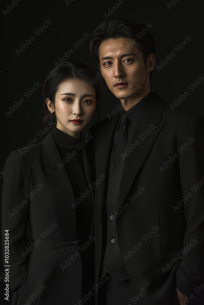 A young Japanese couple stands together in elegant black outfits, their serious expressions radiating confidence. The dark backdrop enhances their sophisticated appearance, emphasizing the strong bond A young Japanese couple stands together in elegant black outfits, their serious expressions radiating confidence. The dark backdrop enhances their sophisticated appearance, emphasizing the strong bond