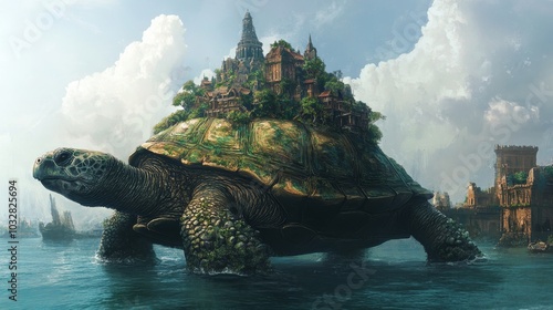 Massive turtle adorned with lush forests and towering mountains anchors in the ocean, resembling a floating island, its shell a sanctuary for a village and castle. photo