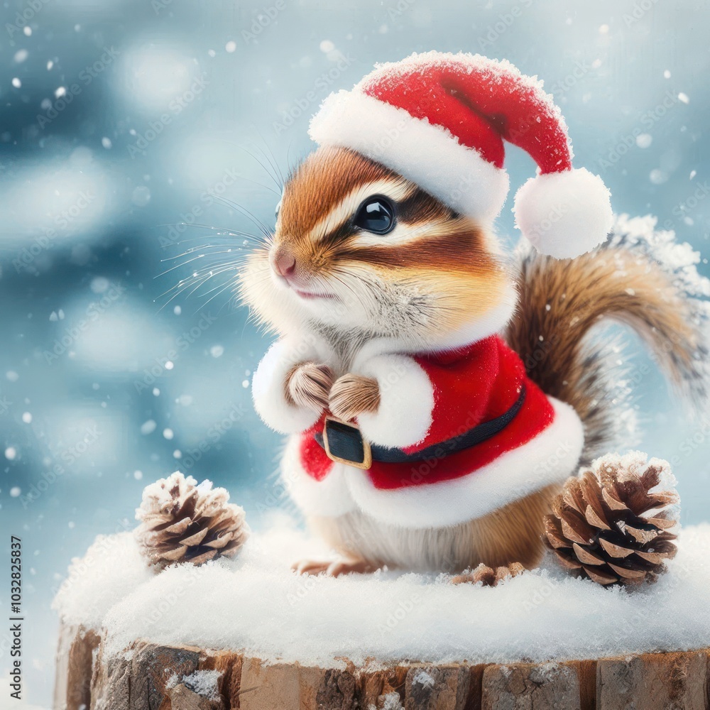 A squirrel in a New Year's Santa costume on a wooden stump with cones. A squirrel in a New Year's Santa costume on a wooden stump with cones.