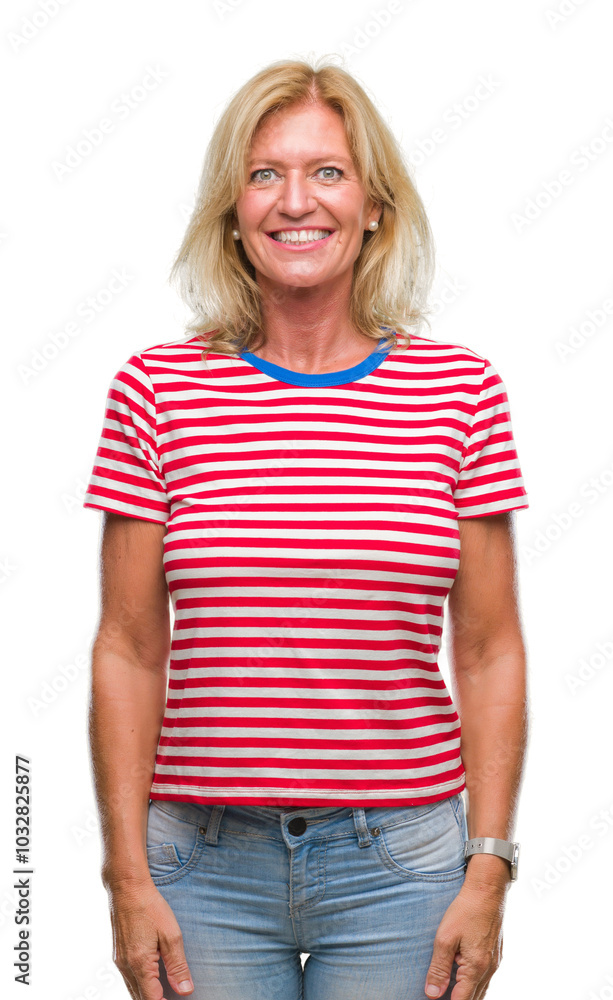 Middle age blonde woman over isolated background with a happy and cool smile on face. Lucky person. Middle age blonde woman over isolated background with a happy and cool smile on face. Lucky person.