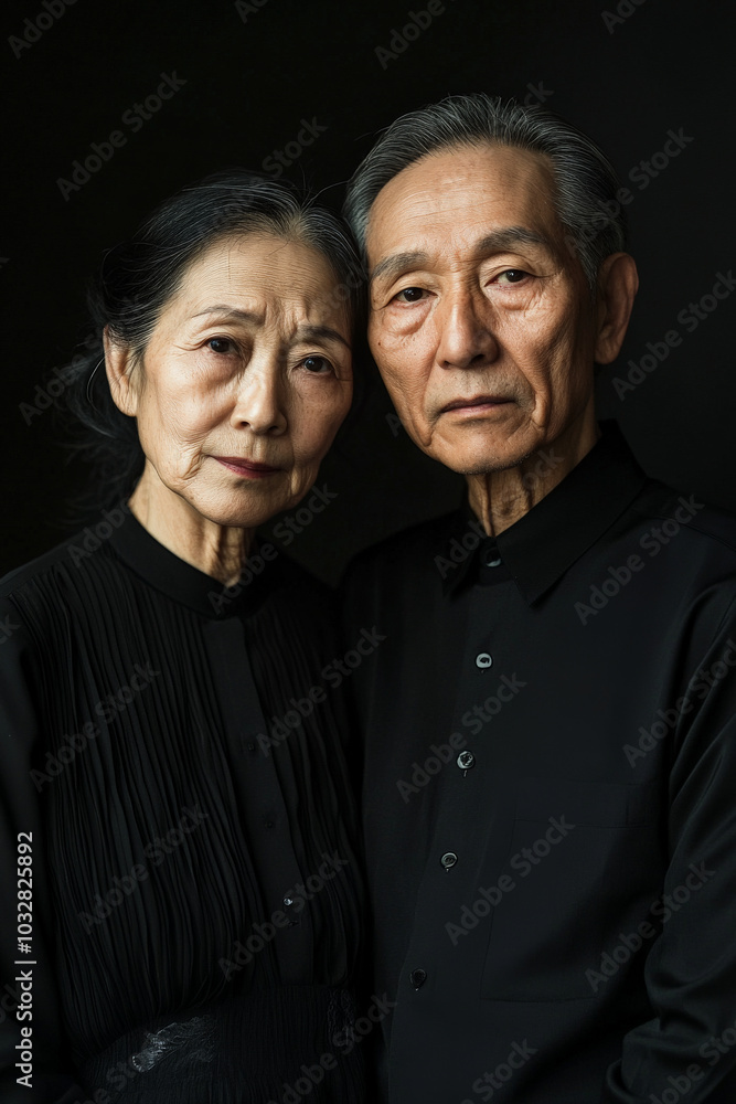 Obraz premium An elderly Asian couple poses closely in elegant black outfits. Their serious expressions against a dark backdrop emphasize their deep connection and timeless sophistication, making the image both