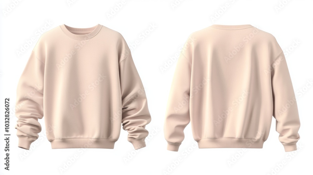 2 Set of pastel pink beige front and back view tee sweatshirt sweater long sleeve on white background cutout. Mockup template for artwork graphic design. 3D rendering 2 Set of pastel pink beige front and back view tee sweatshirt sweater long sleeve on white background cutout. Mockup template for artwork graphic design. 3D rendering