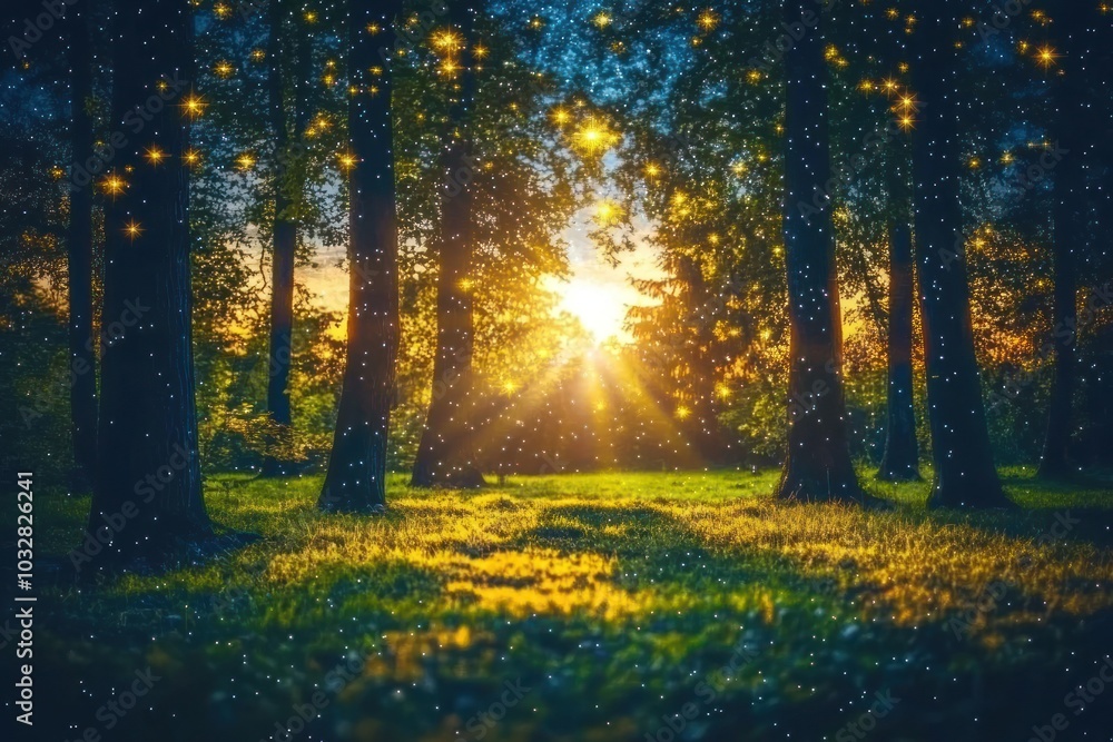 Obraz premium Sunset Glow Through a Forest with Sparkling Lights