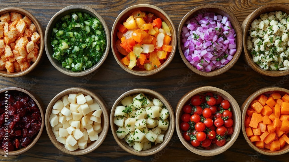 Colorful Mix-and-Match Bowl Food Arrangement from Top-Down Perspective Showcasing Elegant Curves Colorful Mix-and-Match Bowl Food Arrangement from Top-Down Perspective Showcasing Elegant Curves