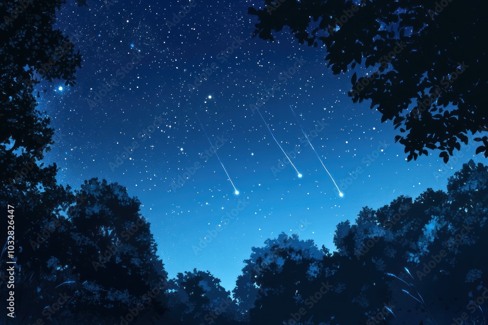 Naklejka premium Night Sky with Shooting Stars and Silhouetted Trees