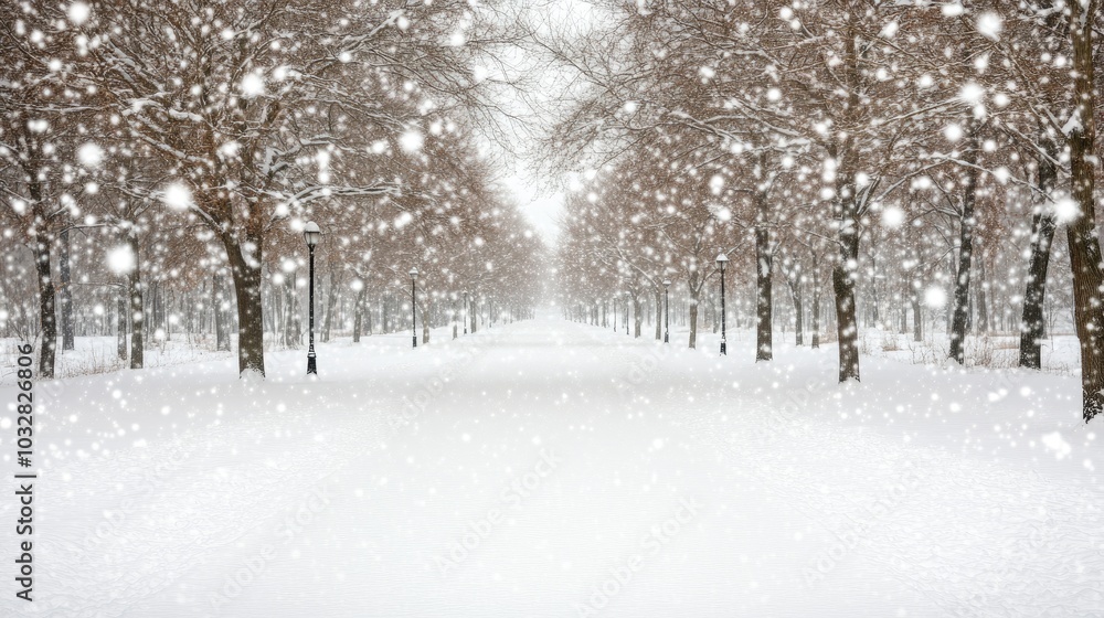 Snowflakes gently fall over a tranquil winter landscape. Large snowdrifts dominate the foreground, while snow-covered branches add to the serene beauty of this pastel-toned setting