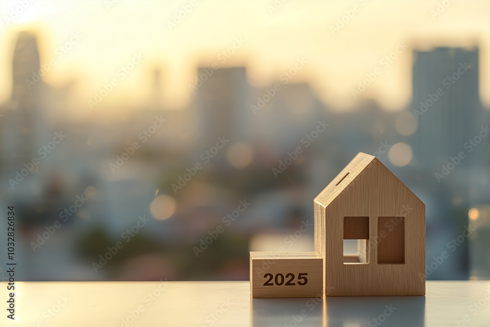 Wooden house model with text 2025 on a table, Real estate new year concept Wooden house model with text 2025 on a table, Real estate new year concept