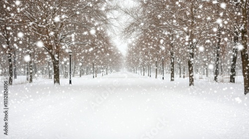 Snowflakes gently fall over a tranquil winter landscape. Large snowdrifts dominate the foreground, while snow-covered branches add to the serene beauty of this pastel-toned setting