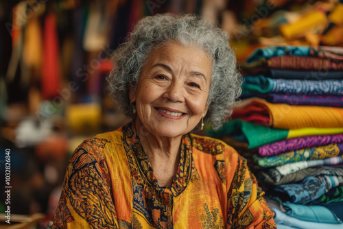 A senior Brazilian woman radiates warmth as she poses in a colorful clothing store, surrounded by neatly stacked fabrics. Her proud expression showcases her love for sewing and design, reflecting