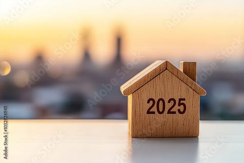 Wooden house model with text 2025 on a table, Real estate new year concept photo