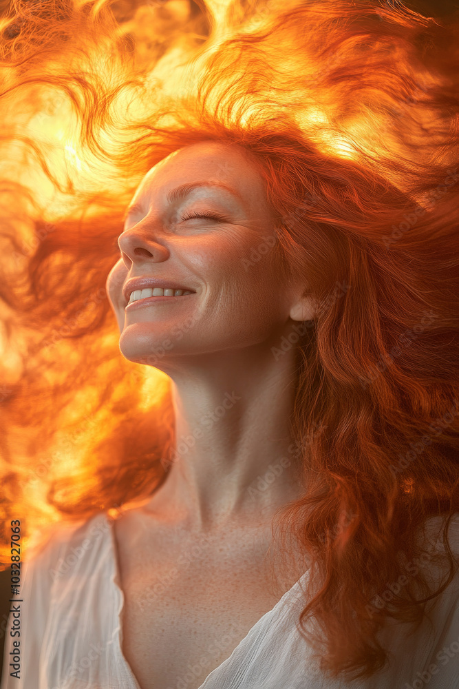 A middle-aged Caucasian woman with fiery red hair spreads laughter as her hair flows around her like a radiant halo. Her glowing face and infectious joy brighten the lively atmosphere. A middle-aged Caucasian woman with fiery red hair spreads laughter as her hair flows around her like a radiant halo. Her glowing face and infectious joy brighten the lively atmosphere.