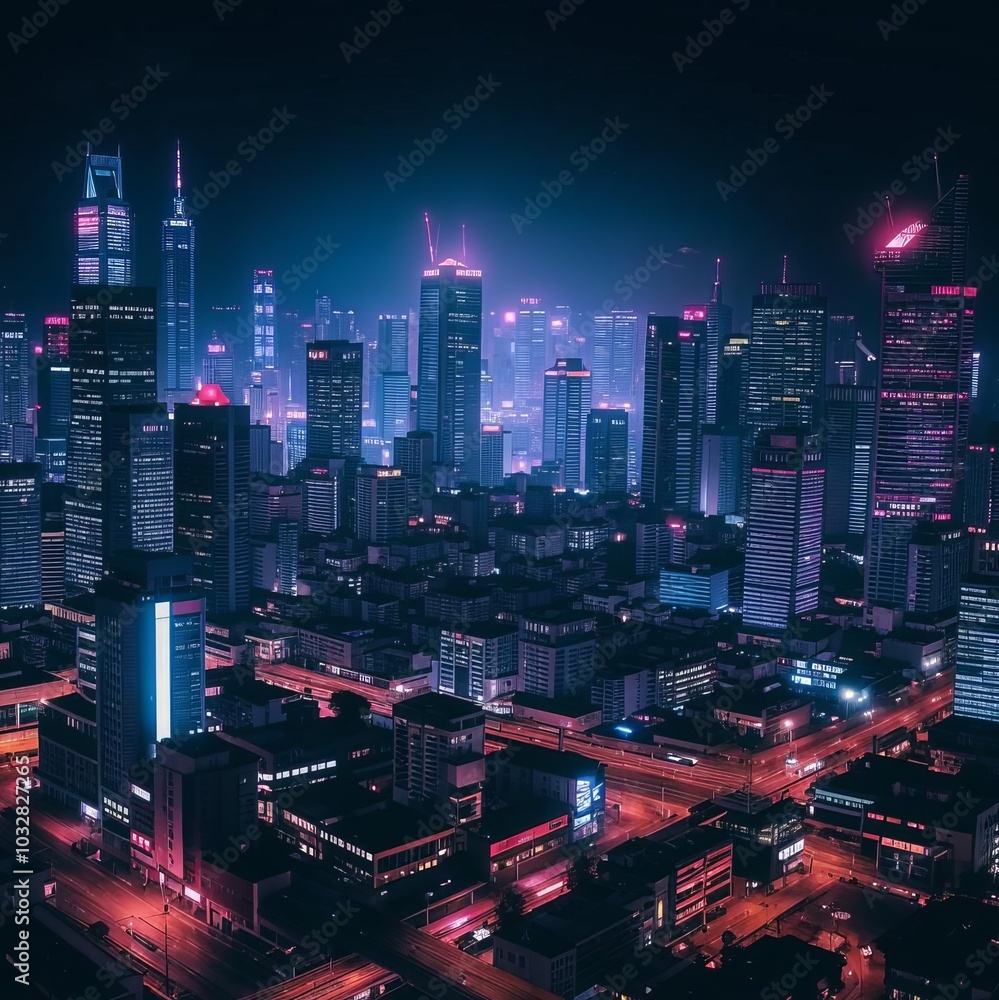 The city is in neon style, delicate blue-purple colors. The city is in neon style, delicate blue-purple colors.