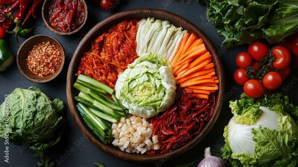 Vibrant Kimchi Arrangement in Top-Down View with Elegant Curves Vibrant Kimchi Arrangement in Top-Down View with Elegant Curves