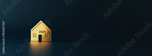 3d gold number 2025 is next to the house on a dark background. new year real estate concept